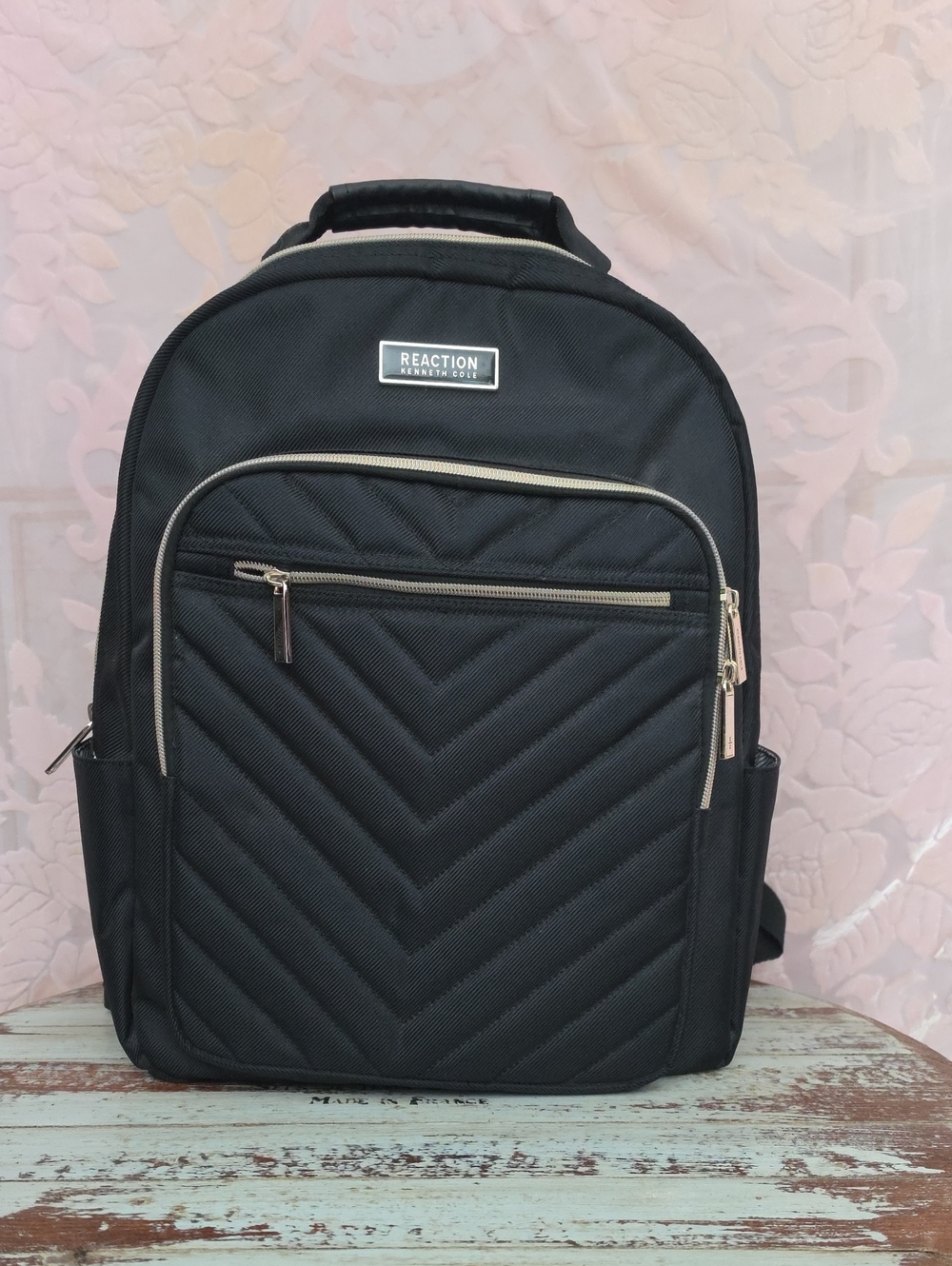 Kenneth Cole Reaction Black Quilted Chevron Backpack with Silver Trim